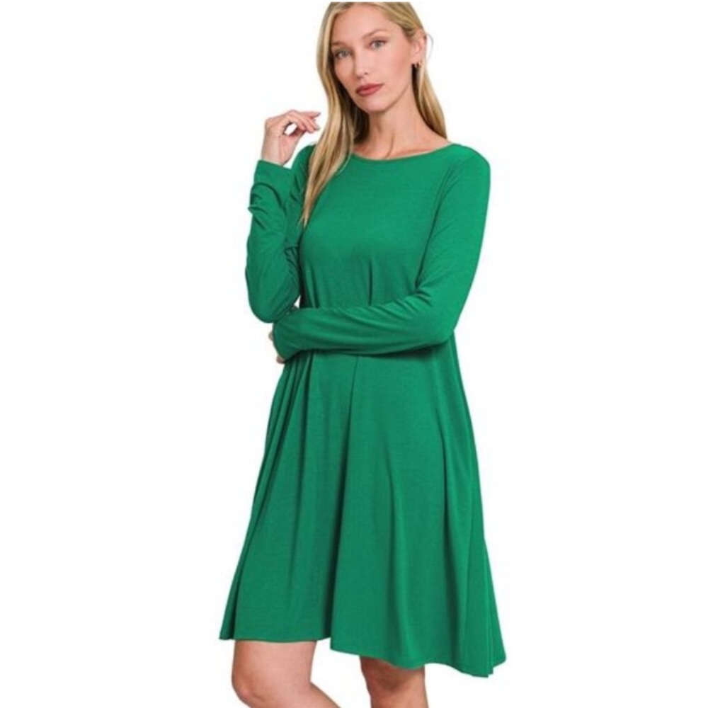 ZENANA PREMIUM DRESS- LONG SLEEVE swing POCKET Forrest green NEW